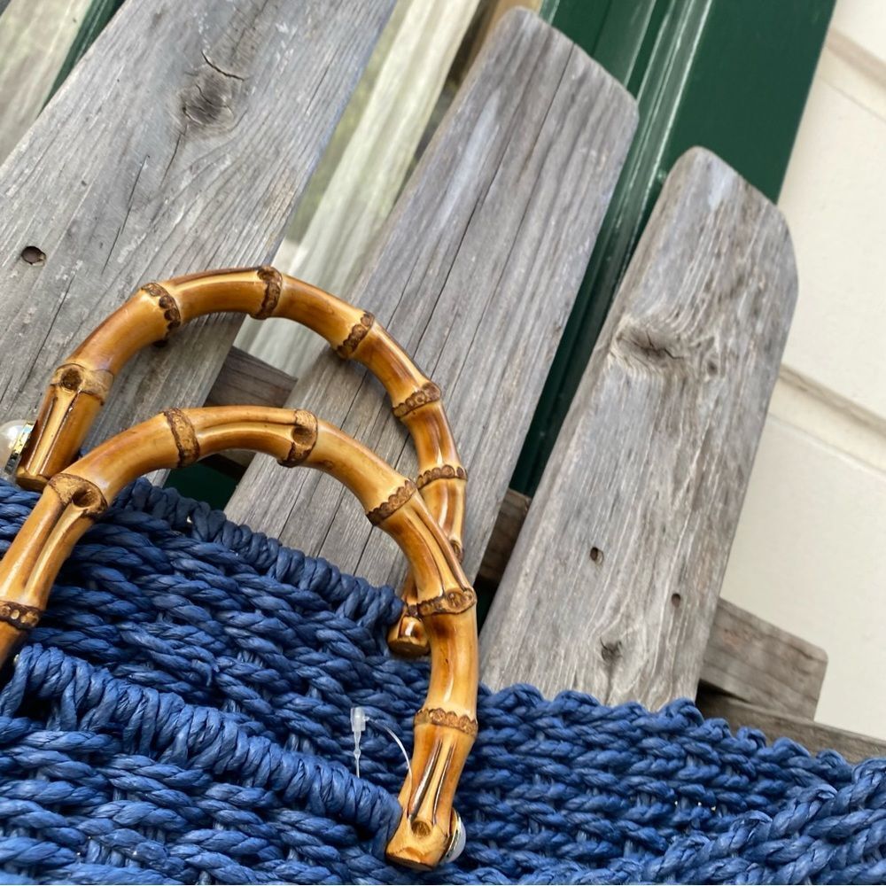 BTB Los Angeles Straw Blue Woven Tote Bag with Bamboo Handles - Picture 5 of 13